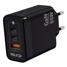 СЗУ WALKER WH-45 GaN 3,25А 65Вт, Type Cx2, быстрая зарядка QC 3.0+2 PD черное