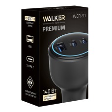 AЗУ WALKER WCR-91 PREMIUM, инвертор 140Вт USBx1/Type-Cx2, быстрая зарядка QC 3.0+PD, черное