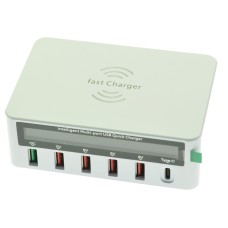 Зарядная станция 50W WLX-818F беспроводная зарядка 15W/ 4 USB x 5v 2400 мАч/1 USB 20W 5-12v 3000 мАч/1 Type C PD 3000 мАч 6 выходов с дисплеем
