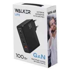 Сетевое зарядное устройство WALKER WH-48 GaN 3,25А 100Вт, Type Cx3, быстрая зарядка QC 3.0+3 PD черный