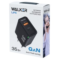 Сетевое зарядное устройство WALKER WH-43 GaN, 3А, 35Вт, USB/Type-C, поддержка QC+PD, черное Сетевое зарядное устройство WALKER WH-43 GaN, 3А, 35Вт, USB/Type-C, поддержка QC+PD, черное
